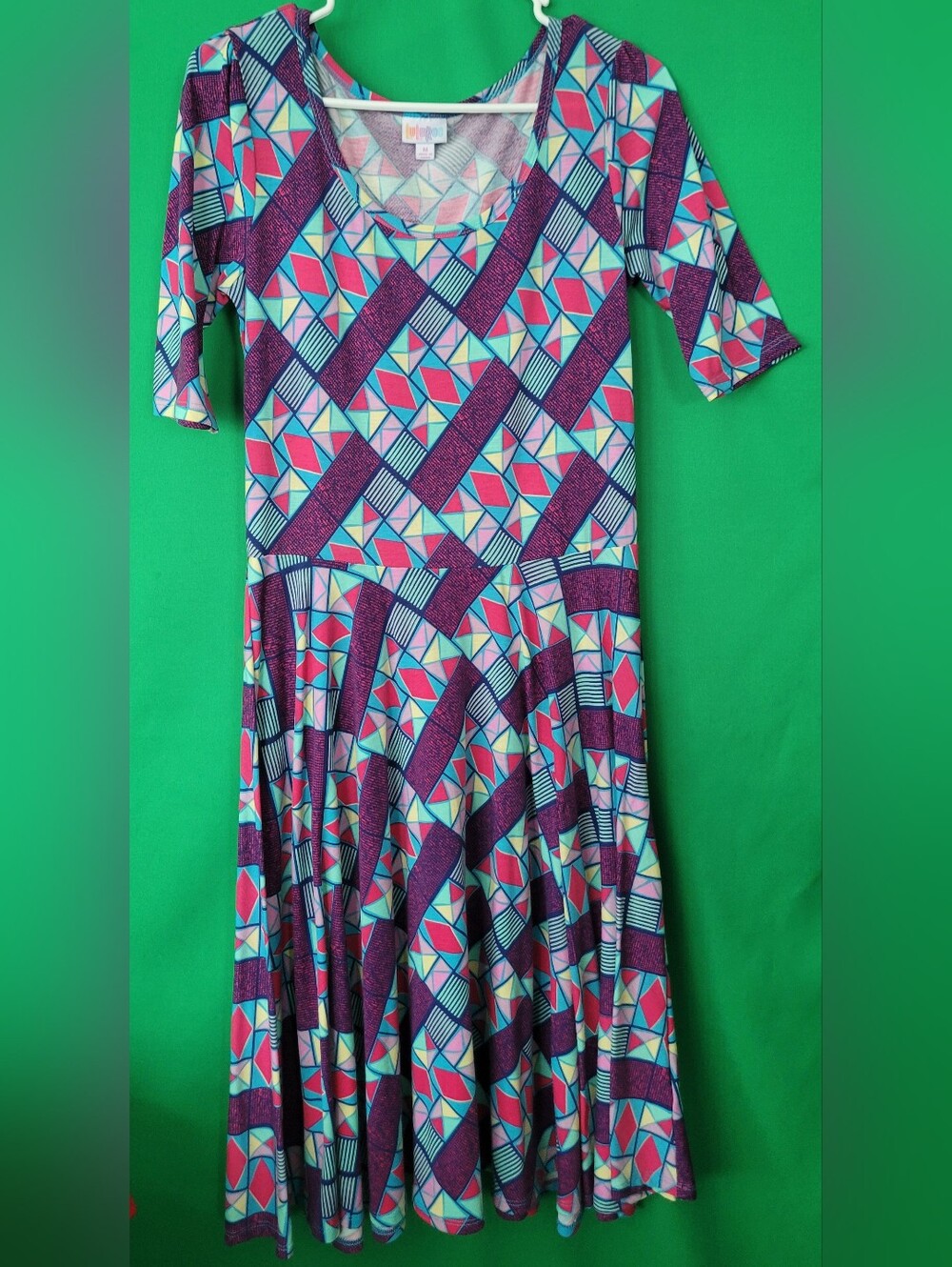 Vibrant Teal & Purple Geometric Midi Dress Scoop Neck LuLaRoe Nicole Sz M Flare